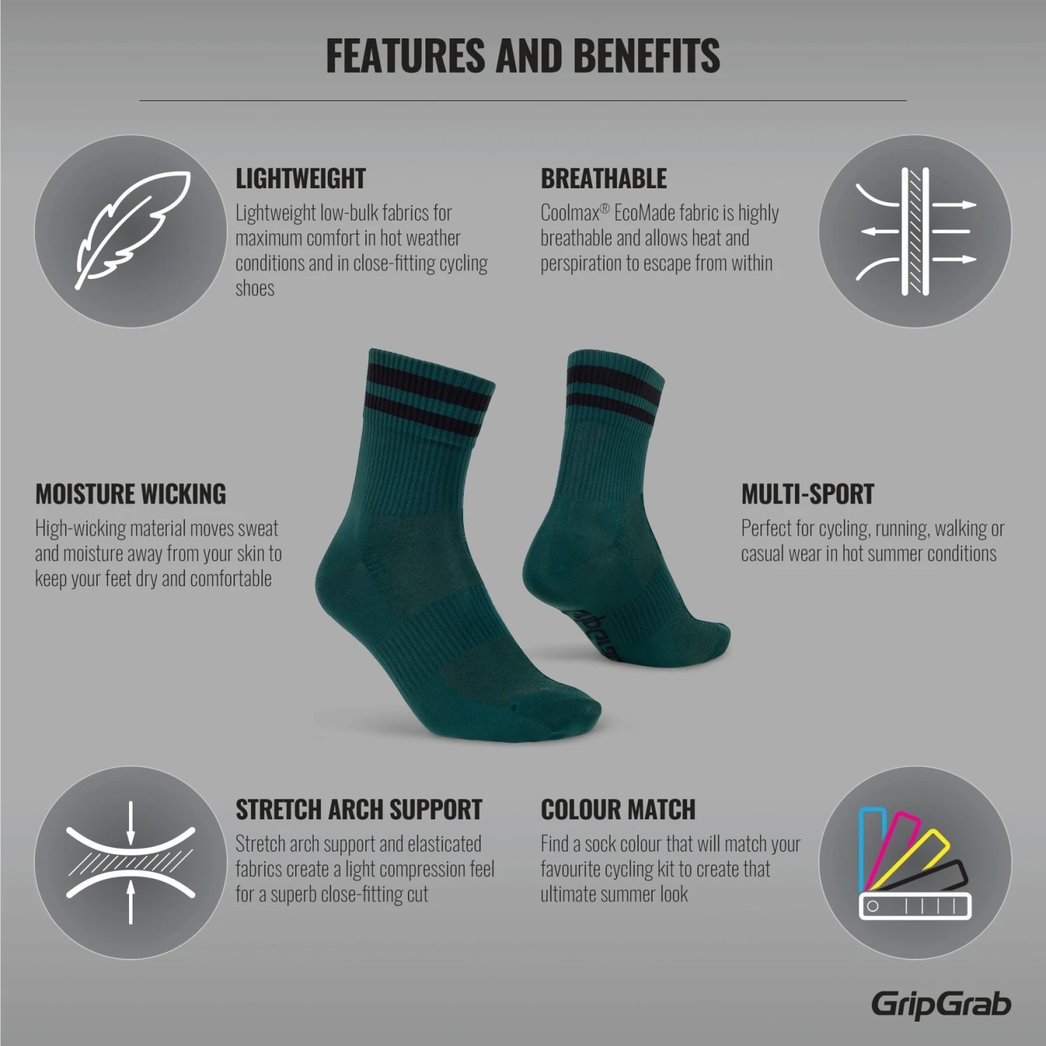 GripGrab Original Stripes Crew Sokken - Green 5 GripGrab Original Stripes Crew Sokken - Green - Afbeelding 3